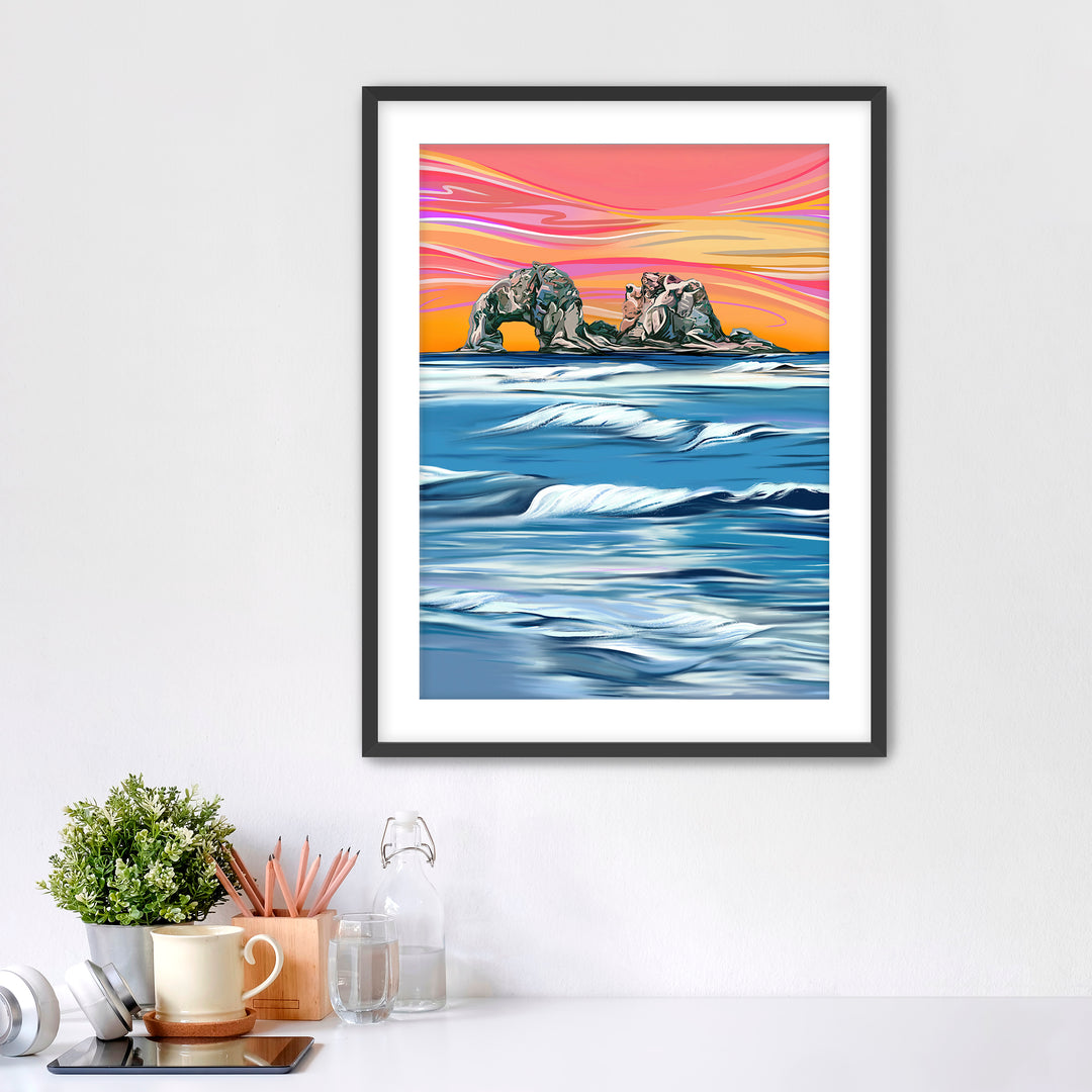 Colorful artwork of Twin Rocks with waves. Rockaway Beach, Oregon Coast