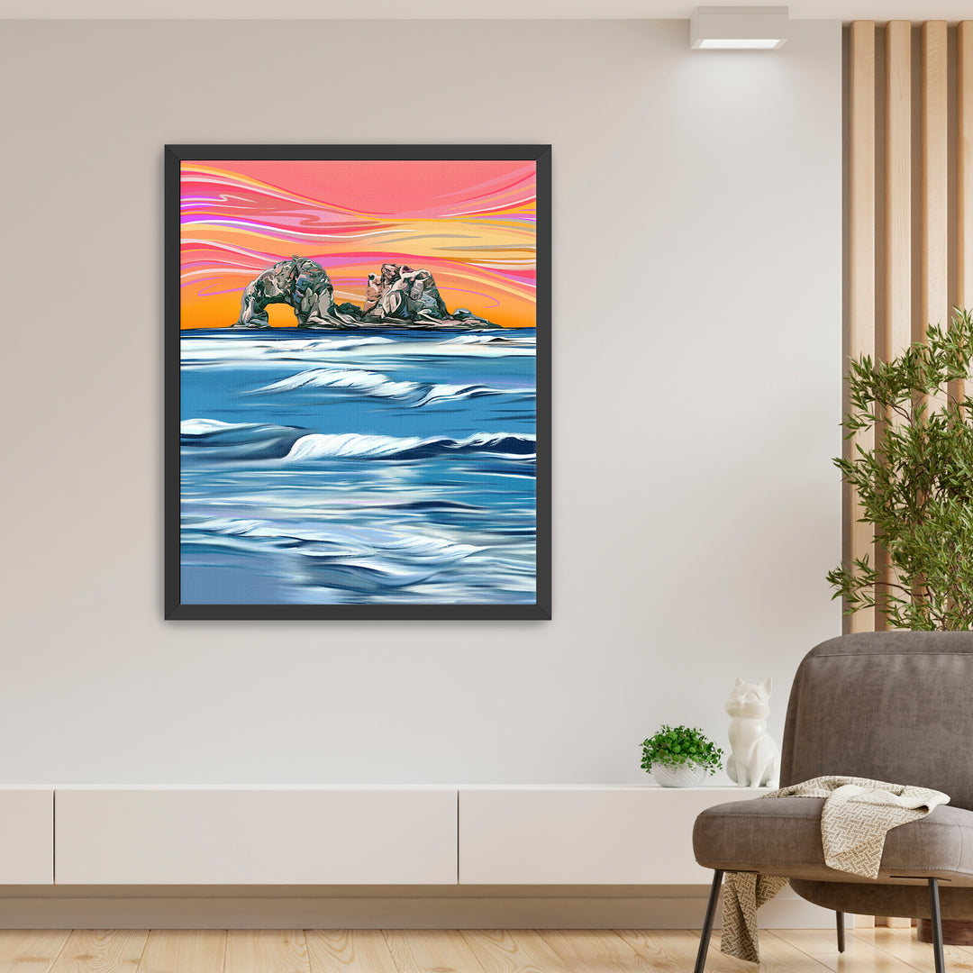Twin Rocks Warm Sunset Waves Wall Art