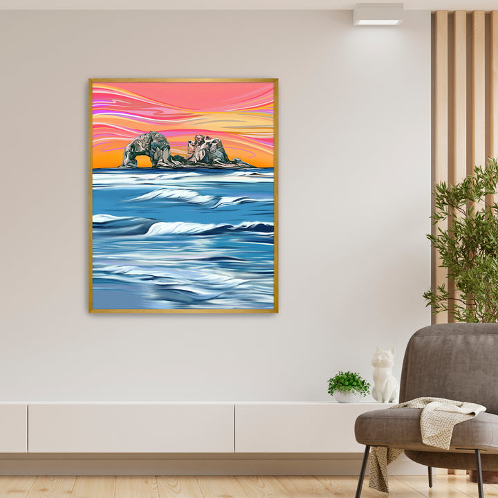 Twin Rocks Warm Sunset Waves Wall Art