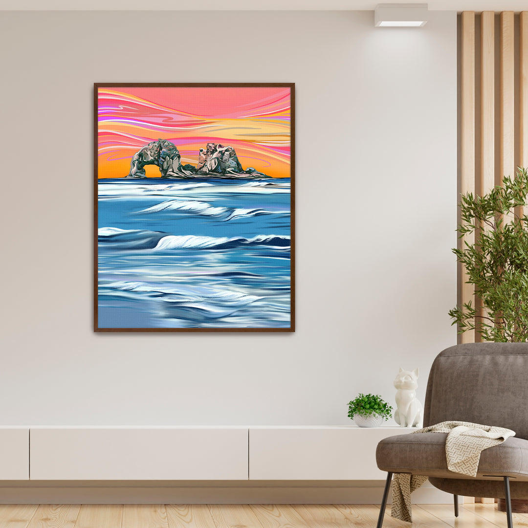 Twin Rocks Warm Sunset Waves Wall Art