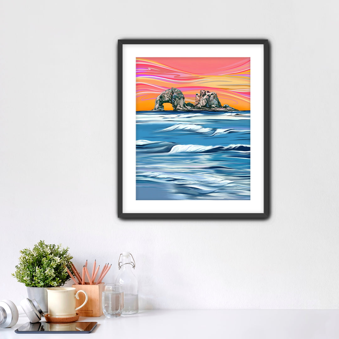 Twin Rocks Warm Sunset Waves Wall Art