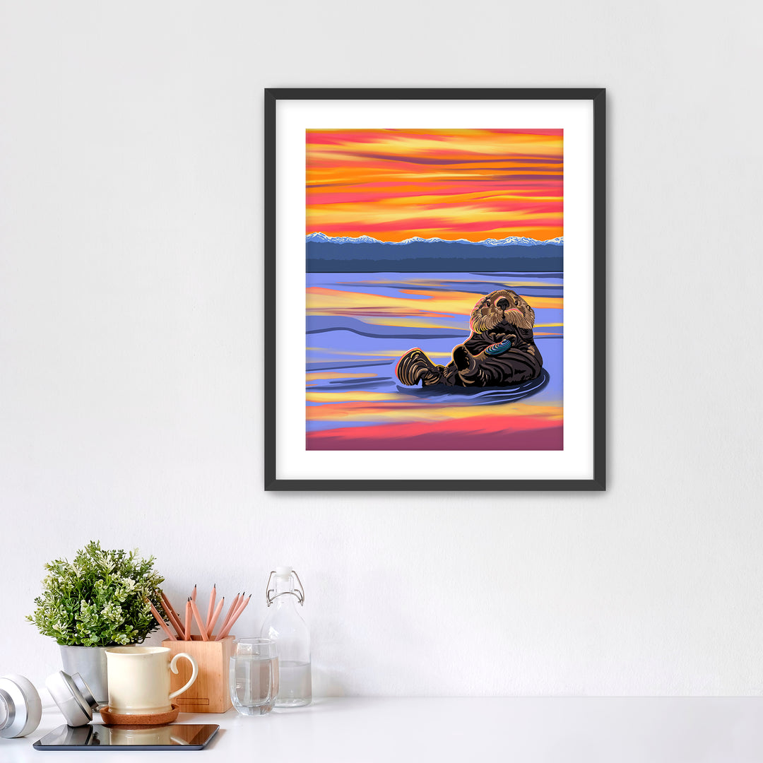 Sea Otter with colorful sunset
