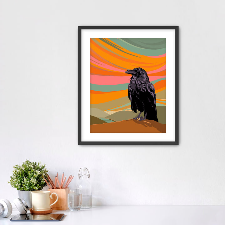Raven artwork with sunset in Background