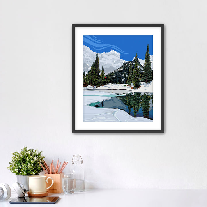 Wintery Mountain Lake reflection with trees and red cardinals