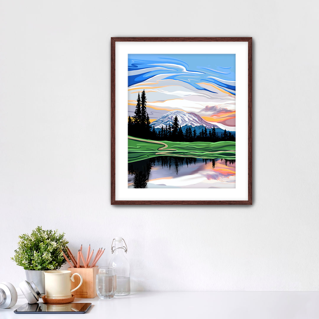 Mount Rainier reflected in Mountain Lake.