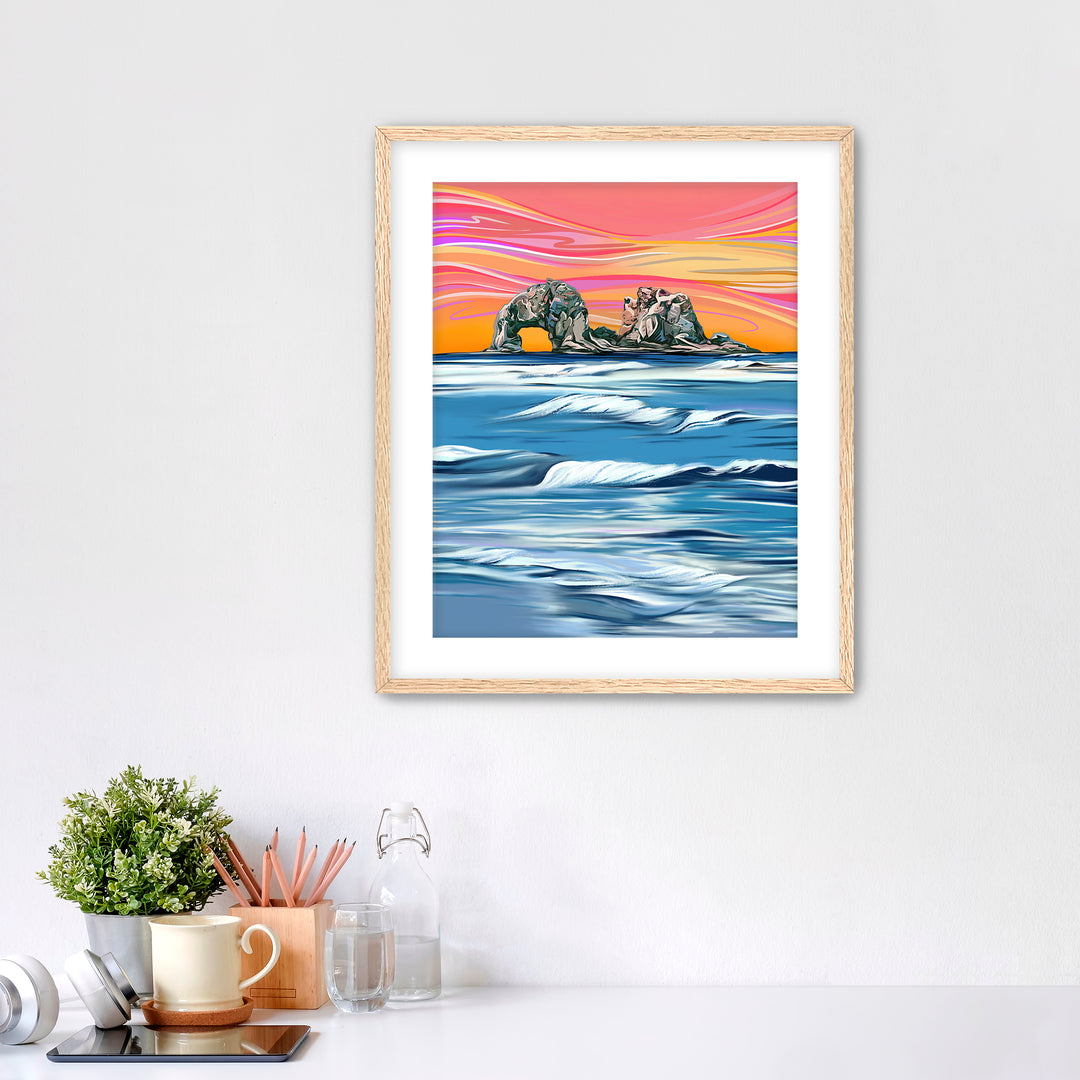 Twin Rocks Warm Sunset Waves Wall Art