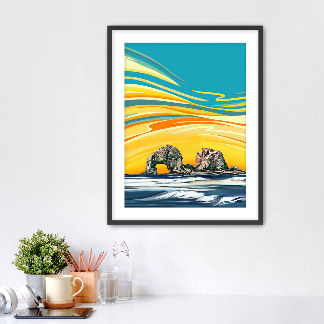 Colorful artwork of the Twin Rocks in Rockaway Beach, Oregon Coast