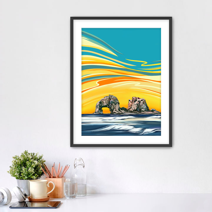 Colorful artwork of the Twin Rocks in Rockaway Beach, Oregon Coast