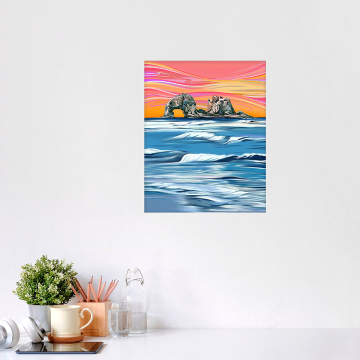 Twin Rocks Warm Sunset Waves Wall Art