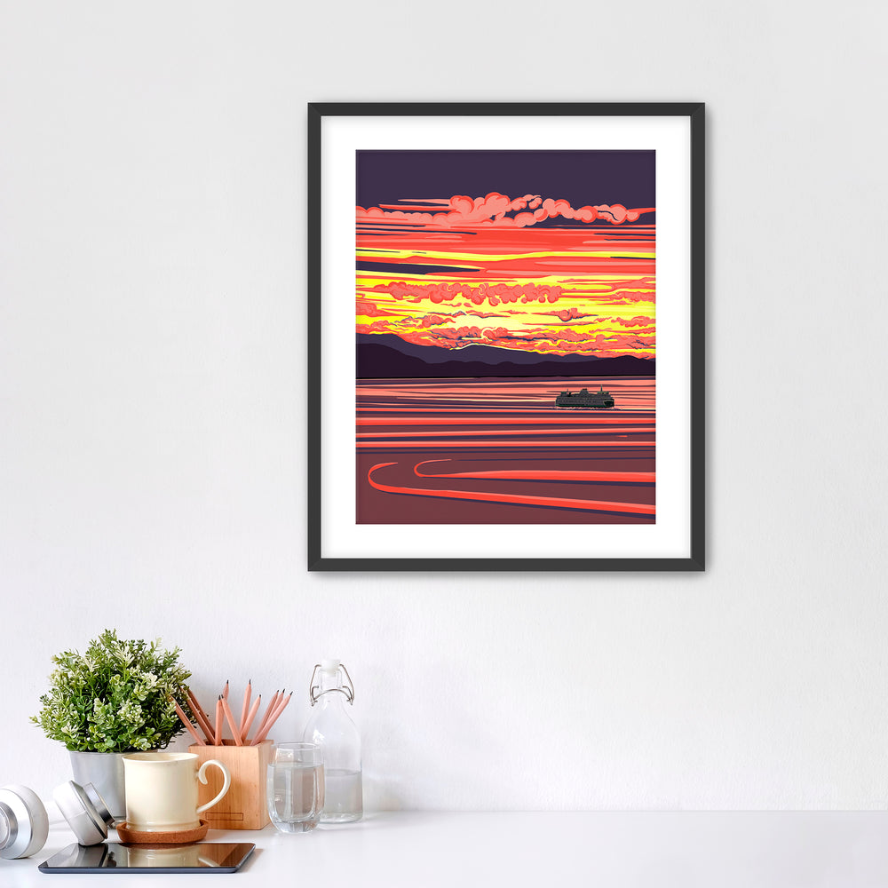 Pacific Northwest Ferry boat with a beautiful yellow and red sunset artwork 