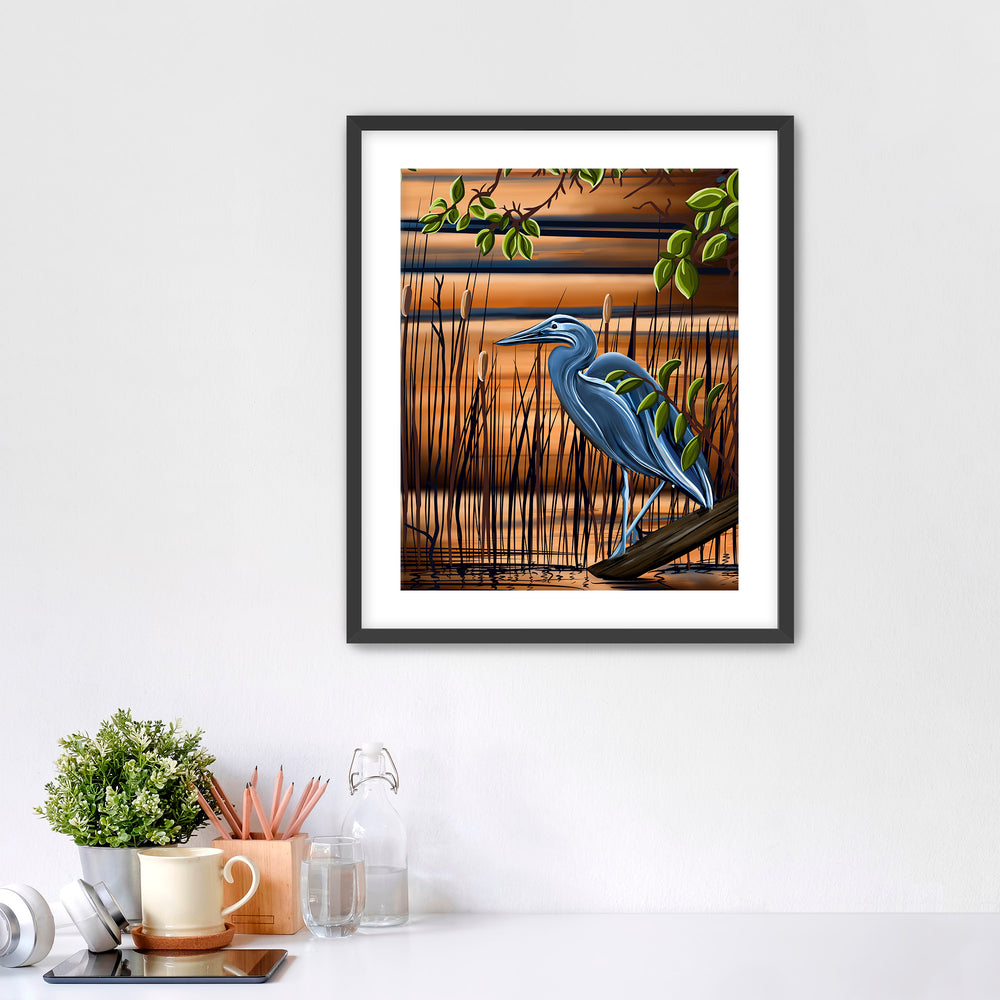 Great Blue Heron in a marsh artwork in blues and browns