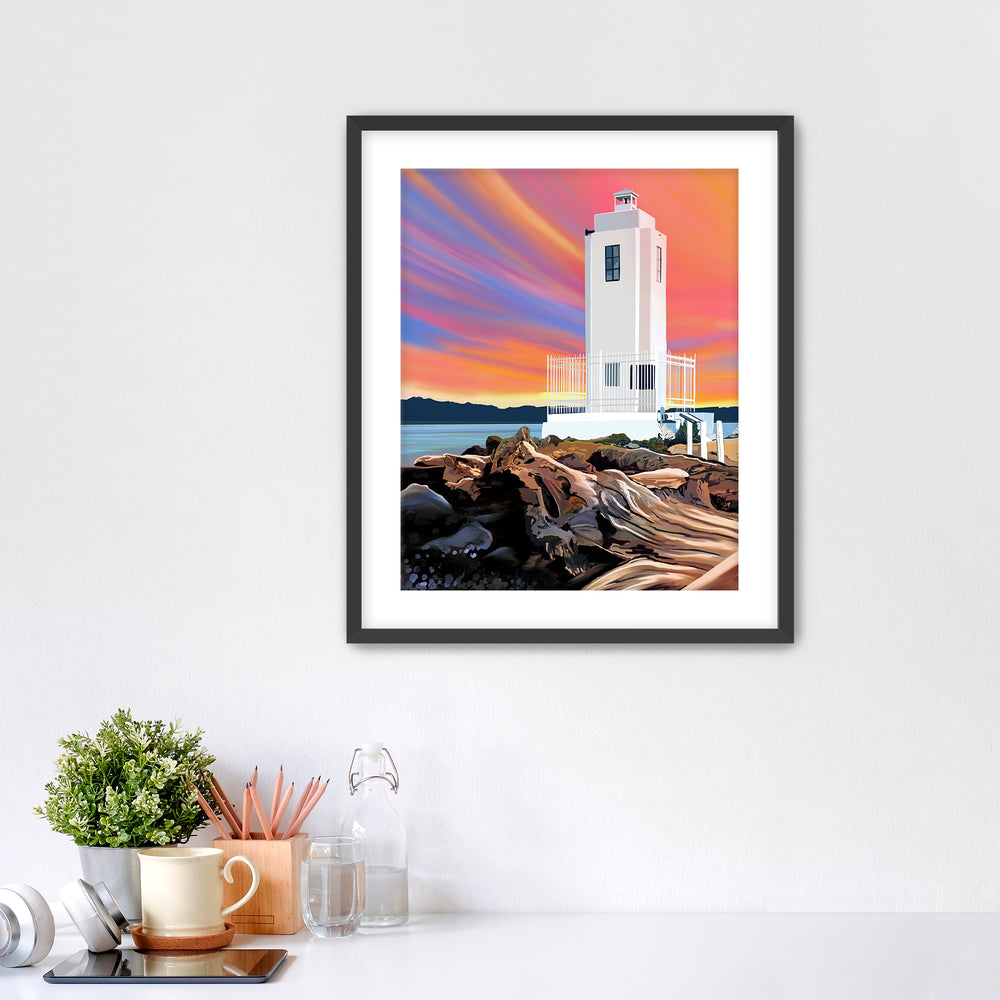 Browns Point Lighthouse artwork with colorful sunset in Tacoma Washington.
