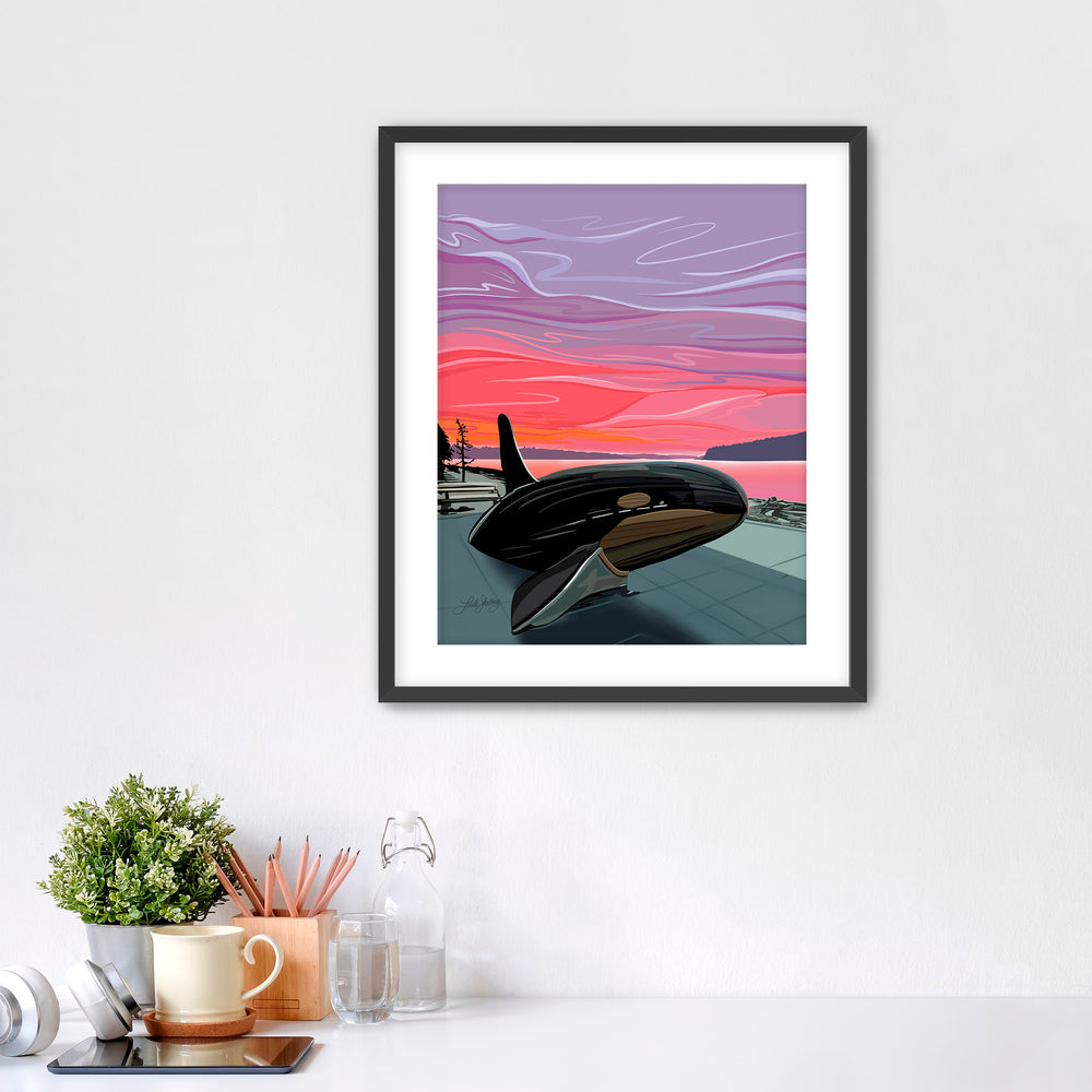 Owen Beach, Tacoma, Washington artwork of Whale installation with sunset