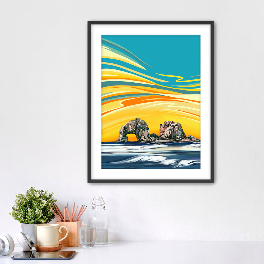 Colorful artwork of the Twin Rocks in Rockaway Beach, Oregon Coast