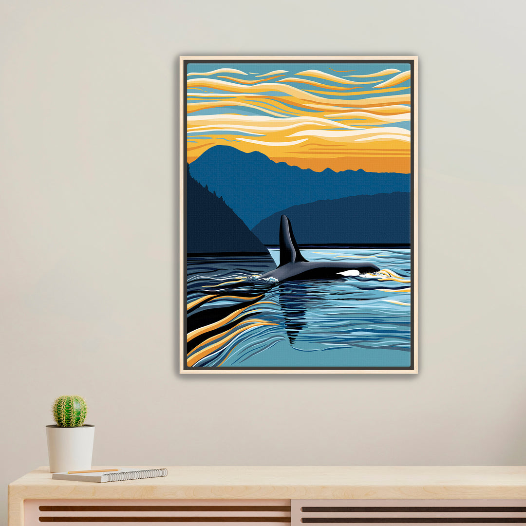 Orca – Evening Swim – Framed Canvas Print