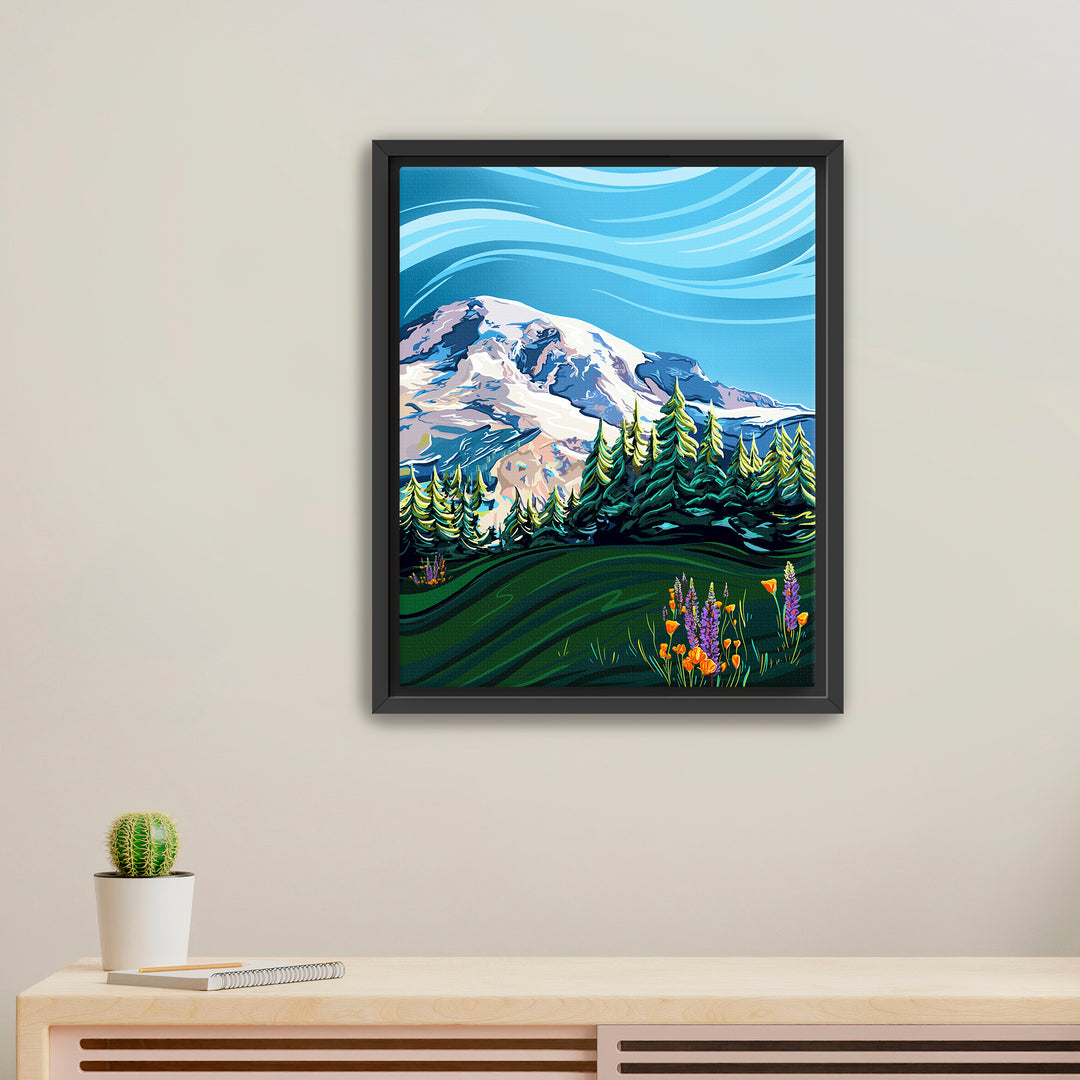 Mount Rainier & Wildflowers - Framed Canvas Print