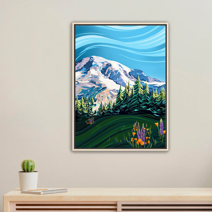 Mount Rainier & Wildflowers - Framed Canvas Print