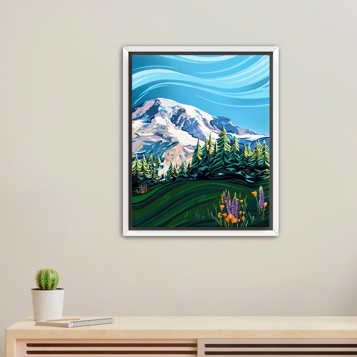 Mount Rainier & Wildflowers - Framed Canvas Print