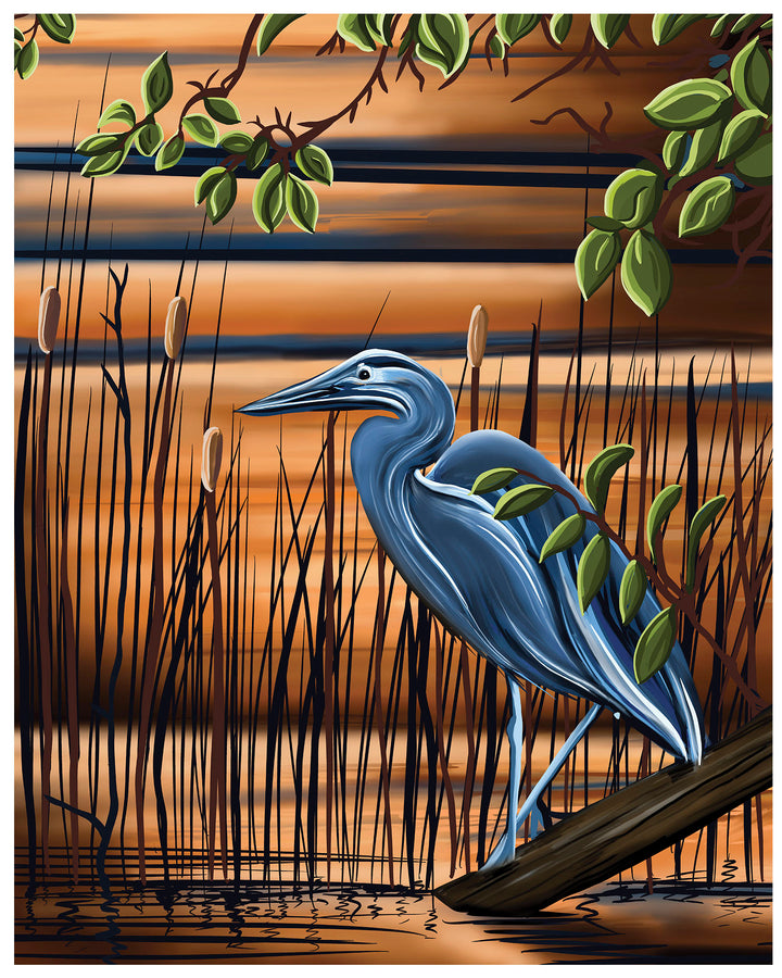 Great Blue Heron in the Marsh- Tranquil Brown & Blue Wall Art