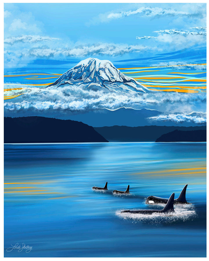 "Mount Rainier + Orcas on the Hunt" Wall Art