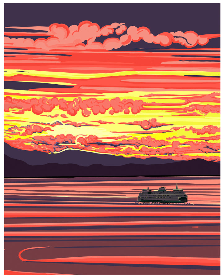 Pacific Northwest ferry boat with a vibrant red and yellow sunset, fine art print" 
